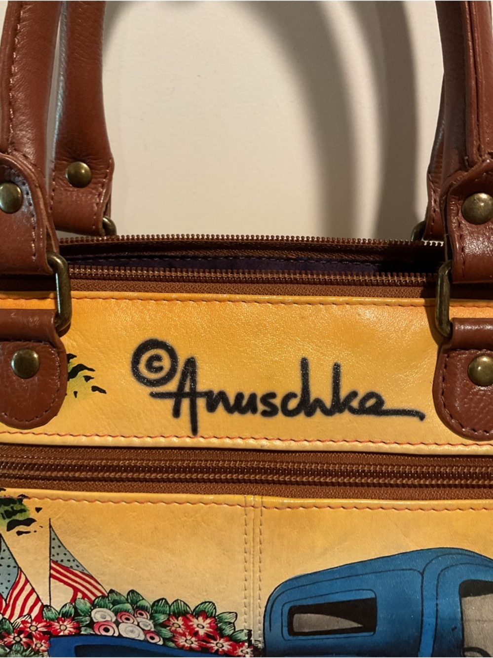 ANUSCHKA Blue Truck Barn Hand-Painted Leather Purse Handbag - Picture 3 of 15